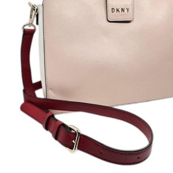 DKNY CLARA LEATHER SATCHEL CROSSBODY BAG RED PINK GOLD TONE COLORBLOCK NWT - Picture 4 of 13